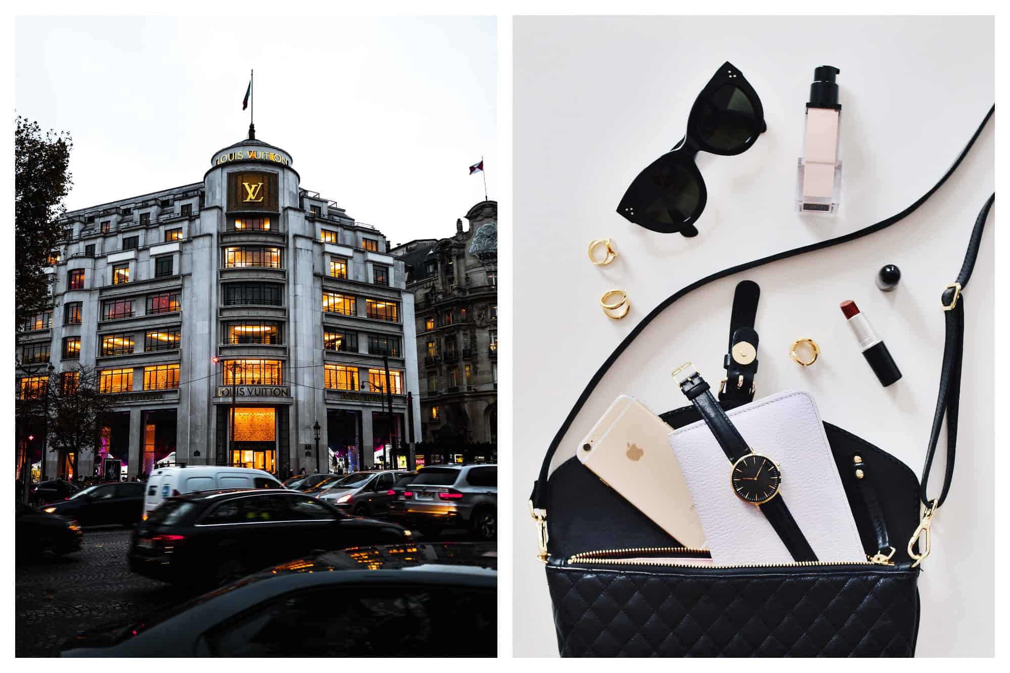 Louis Vuitton on the Champs Elysées is the temple of shopping in Paris with queues often snaking right around the corner (left). Make sure you know where to shop in Paris for your makeup essentials (right).