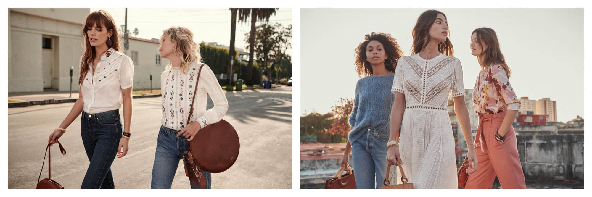 Parisian fashion brand Sézane is also know for its leather bags, like these large round pieces, as well as its well-cut white blouses (left) and dresses (right).