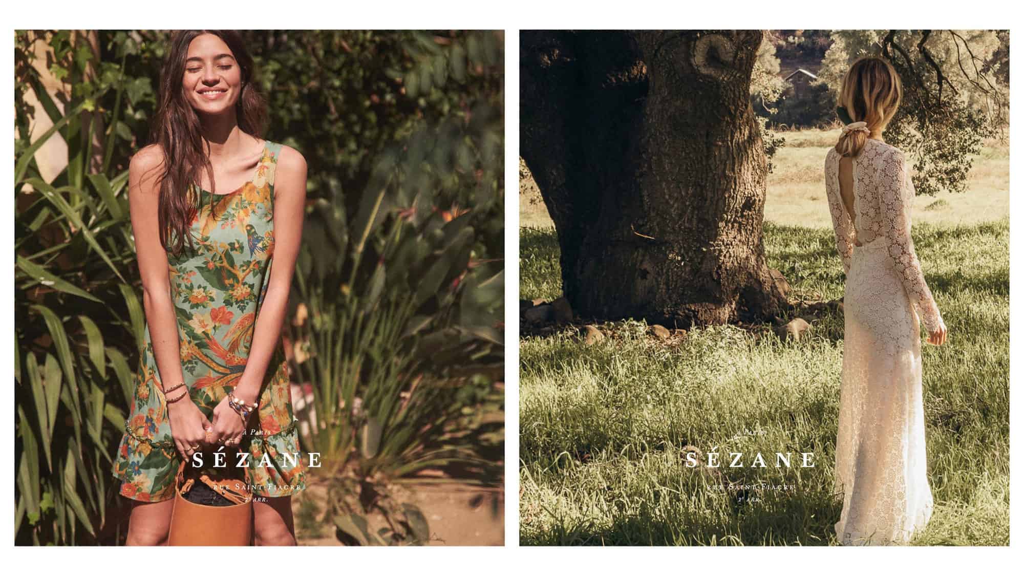 Another go-to brand for Parisians is Sézane, which offers well-cut dresses like this green flowery number for summer (left). Sézane also does wedding dresses like this lacy number worn by a model standing in a field (right).