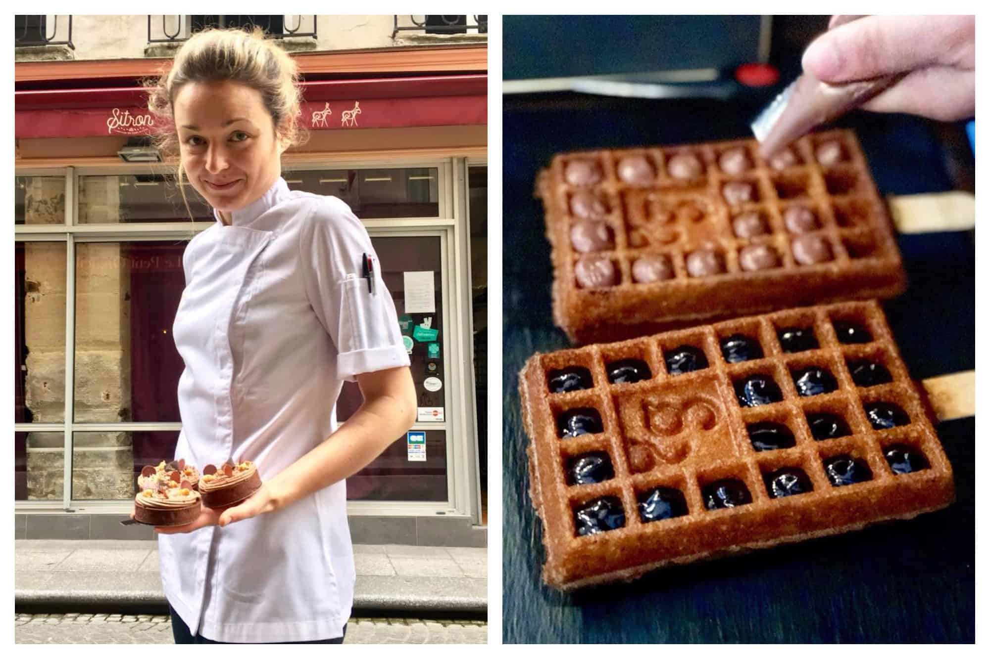One of the bakers at Sitron holding three tars out on a Paris street (left). Gluten-free crispy chocolate-sauce waffles at Paris' Yummy and Guiltfree (right).