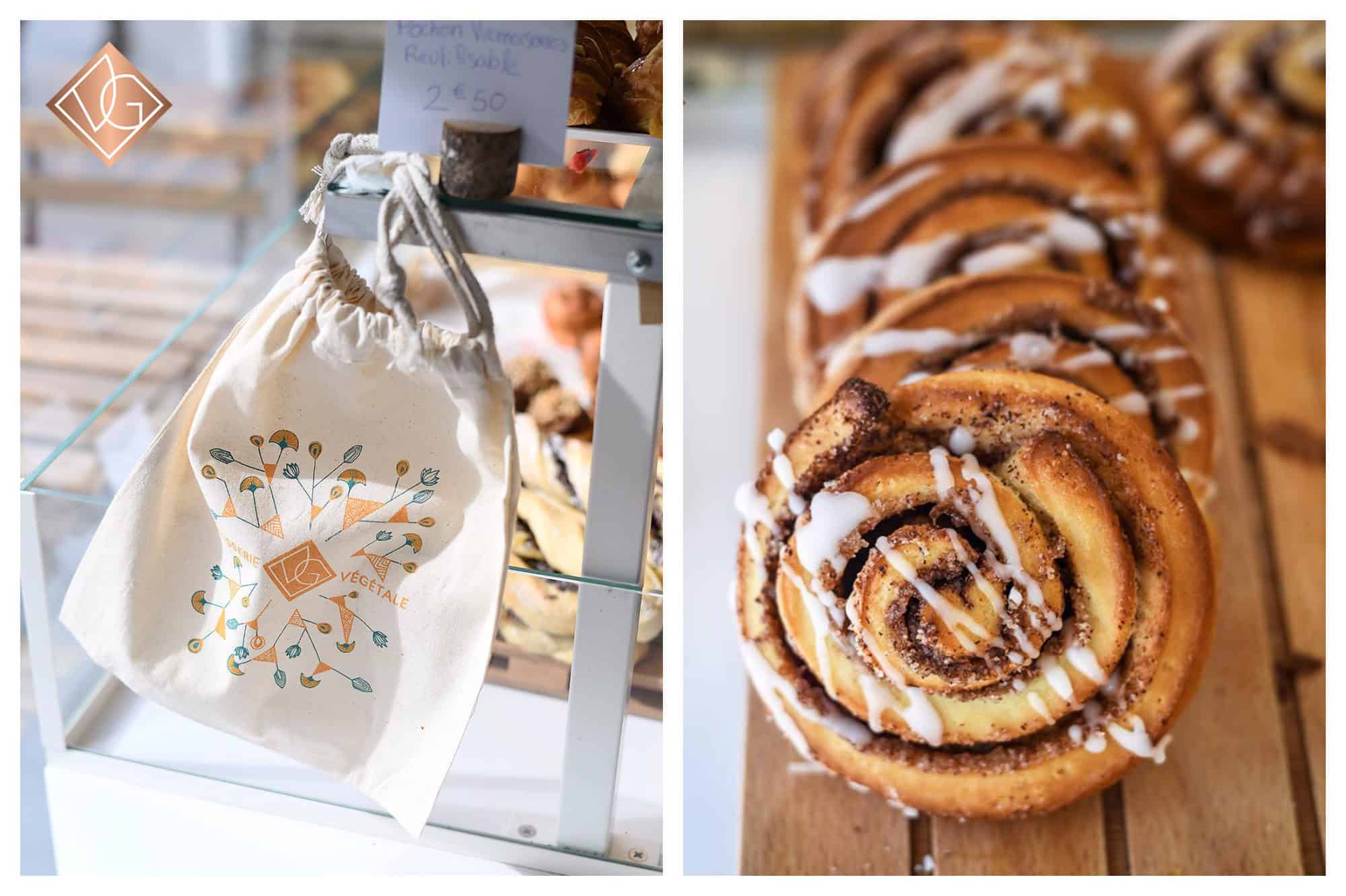 VG patisserie, a gluten-free bakery in Paris, gives out fabric bread bags (left) and offers delicious gluten-free cinnamon swirls (right). 