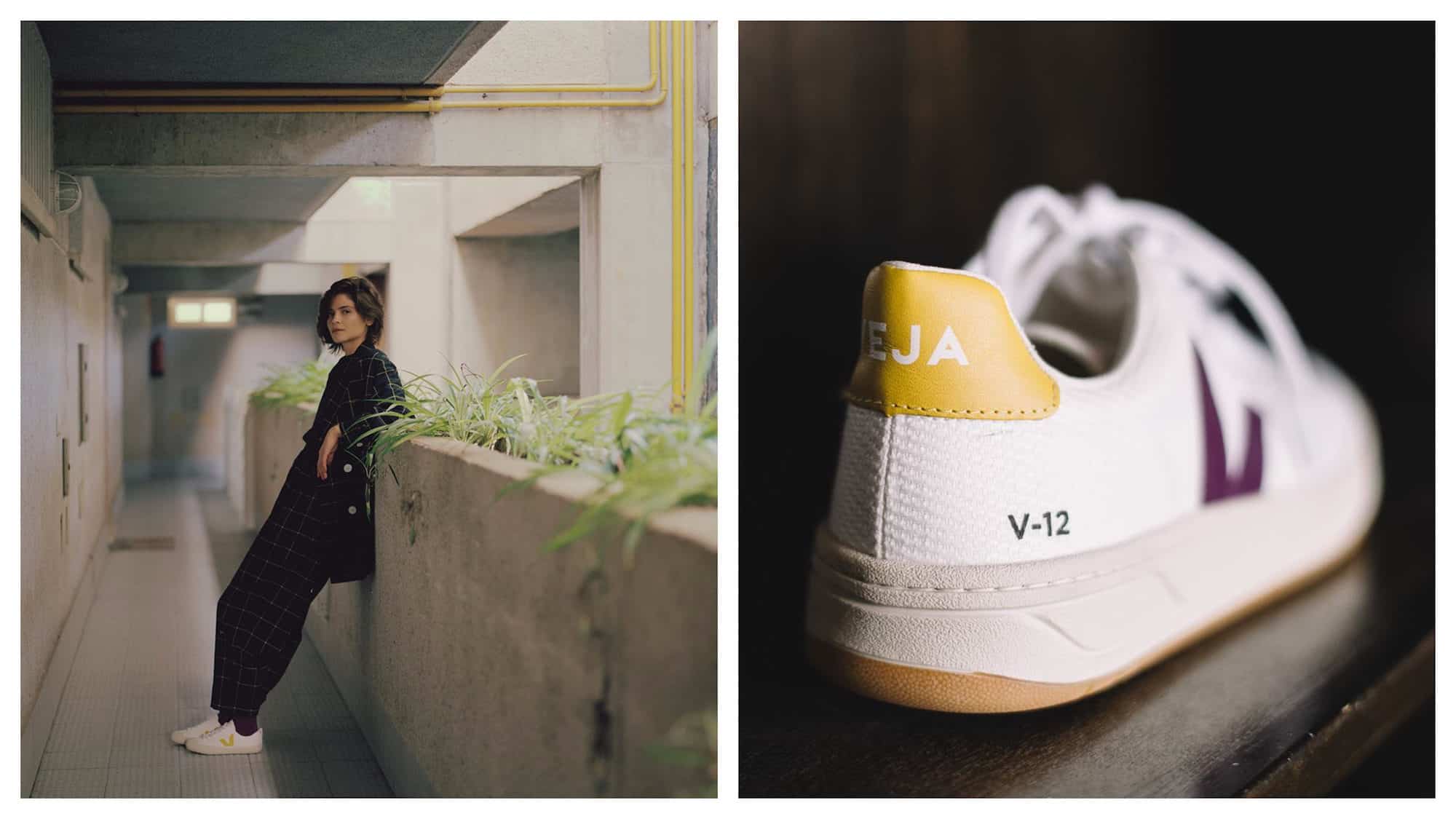 Get the right trainers to look like a Parisian, like these sustainably made Veja trainers worn by a model wearing cropped black trousers and a long blazer, as she leans against a concrete wall topped with plants (left). A pair of Veja trainers close-up (right).
