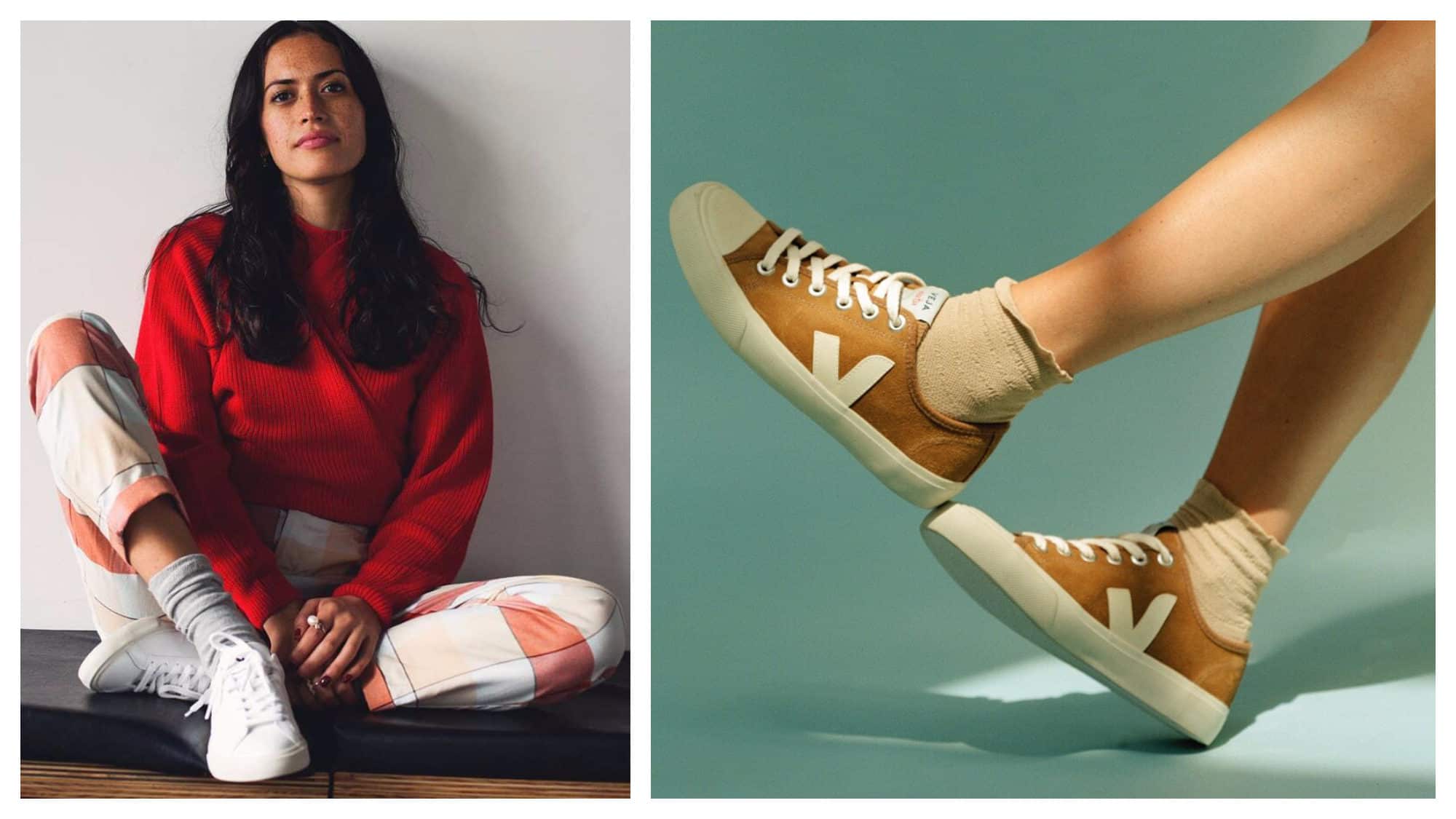 Veja is one of the brands you should know about if you want to get that Parisian fashion style, as they are sustainably made and versatile, like this white pair teamed with white trousers and red top (left) or these mustard-colored sneakers worn with cropped socks (right).
