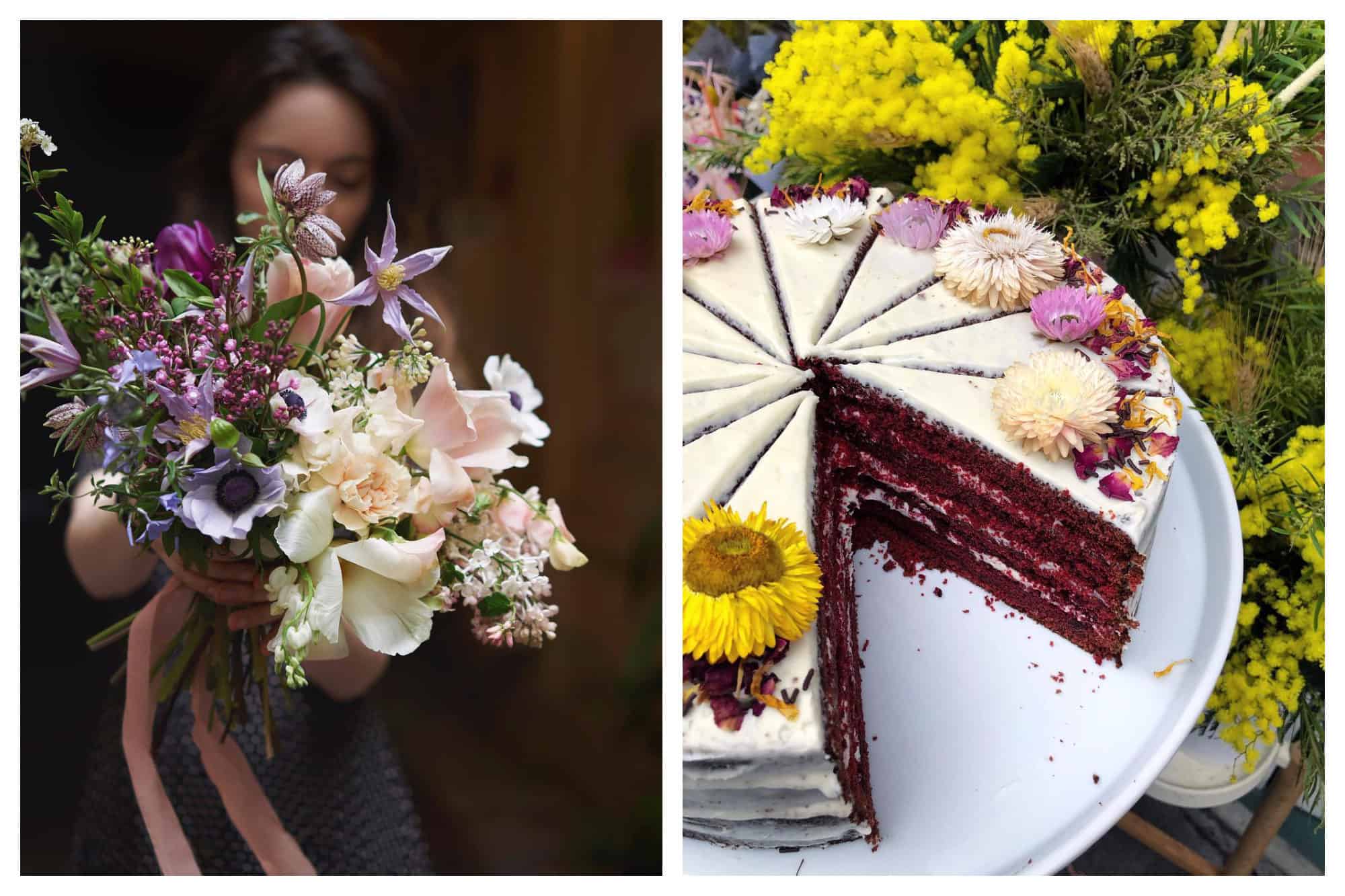 Peonies café in Paris is a great place to work as it's pleasant to be surrounded by bucolic bunches of flowers (left) and to be able to dig into delicious cakes (right). 