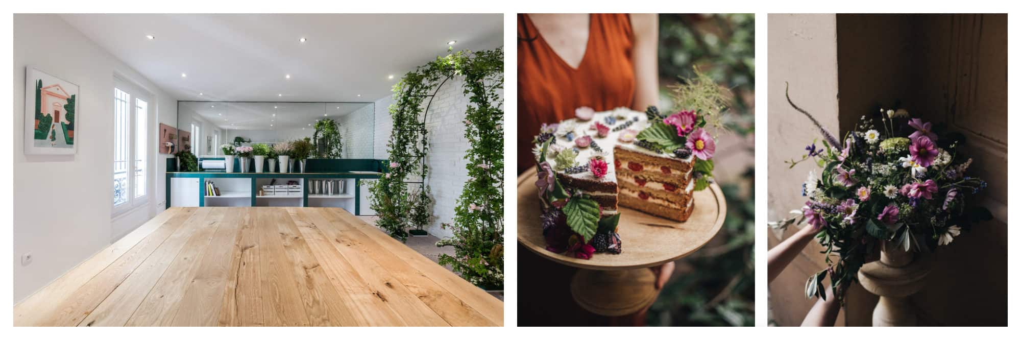 Alternative co-working spaces in Paris include Peonies coffee shop for its soothing flowery decor (left) and flower creations (right).