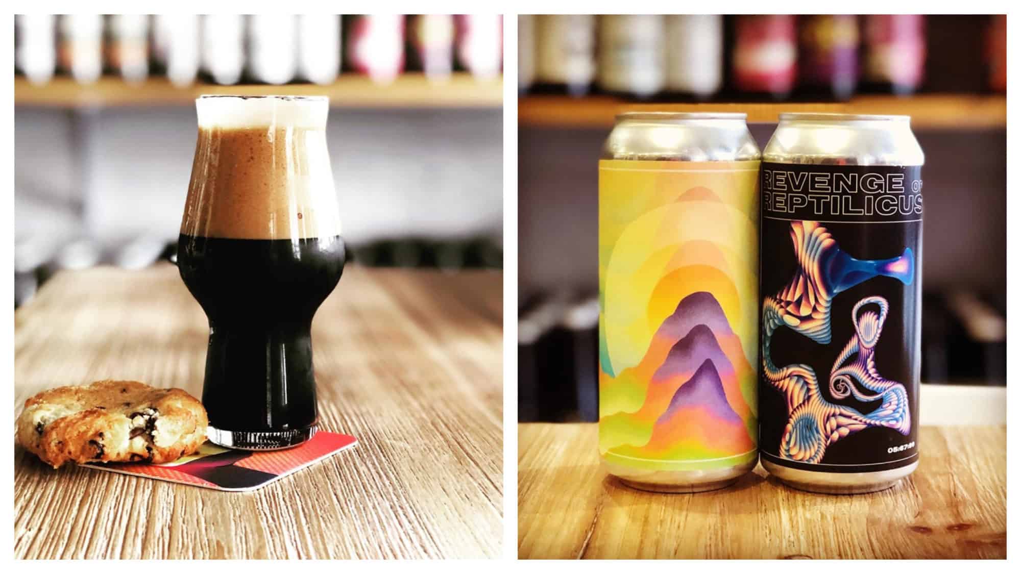 A glass of lager beer with a cookie on a wooden counter (left). Two cans of craft beer with psychedelic designs (right).
