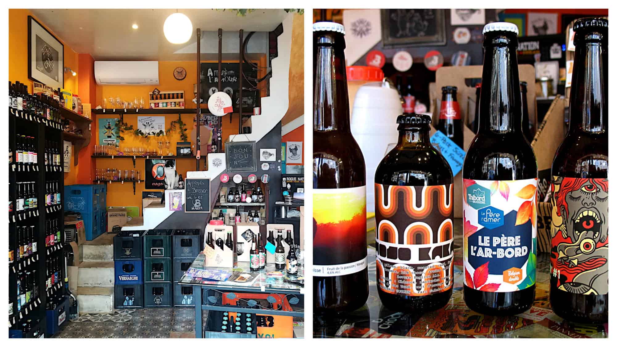 Inside craft beer shop in Paris Biérocratie (left) and a selection of four craft beer bottles (right).