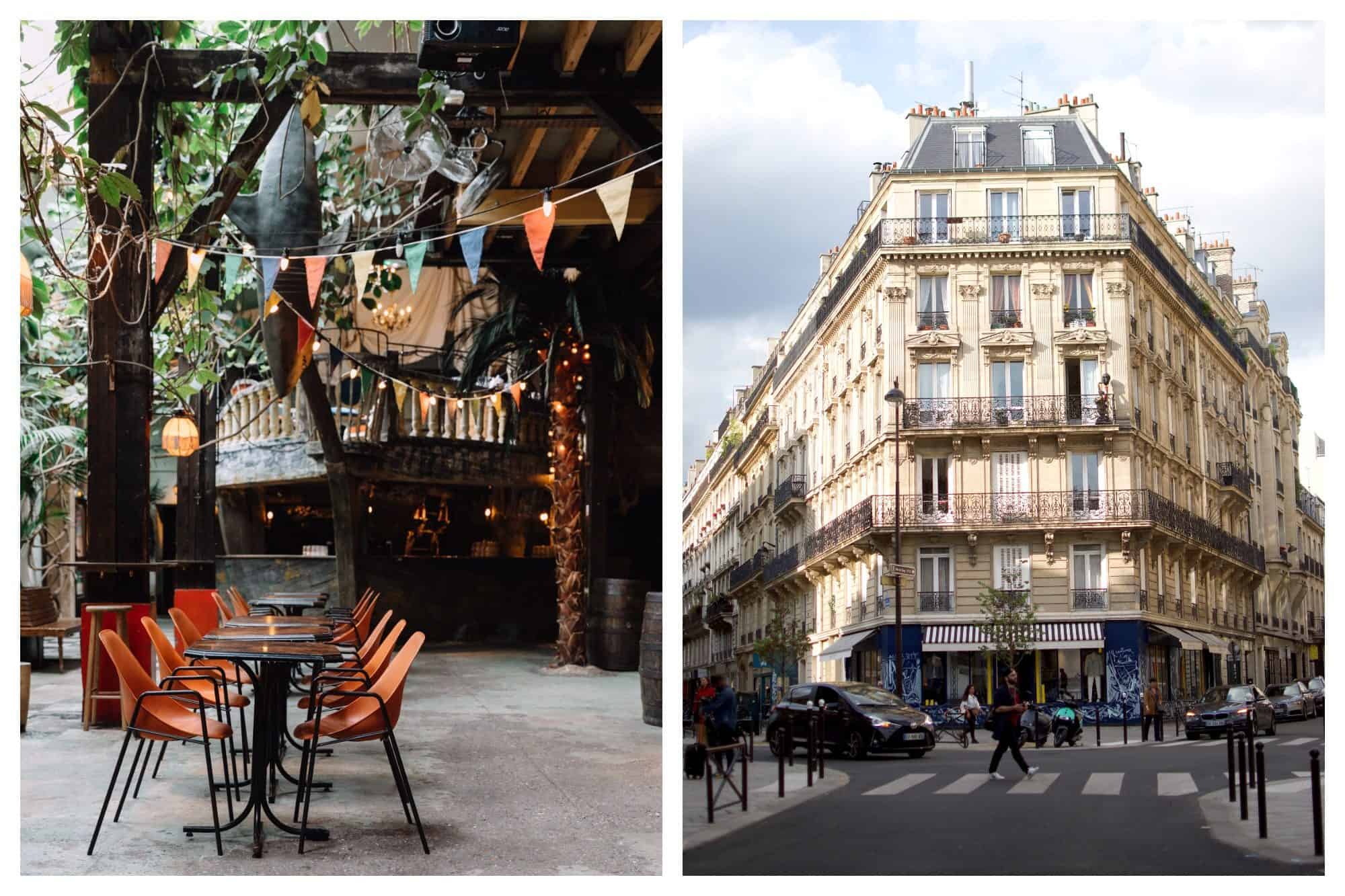 Inside the bohemian Comptoir Général bar in Paris on the Canal Saint Martin (left). A street view of a typical white-stone Parisian residential building (right).
