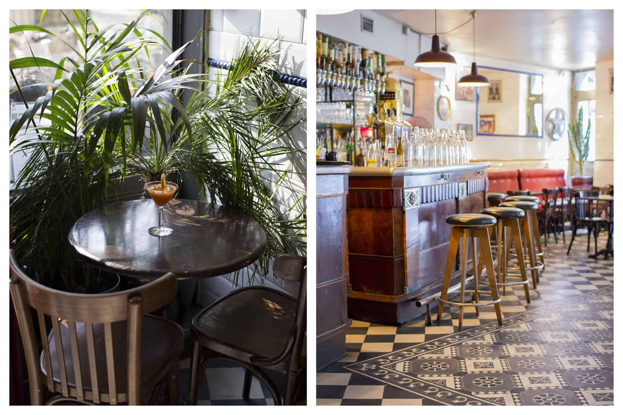 Inside iconic French restaurant Hotel du Nord which has wooden bistro tables and chairs and plant life (left) as well as bar stools lined up at the bar on the lower level of the space (right).