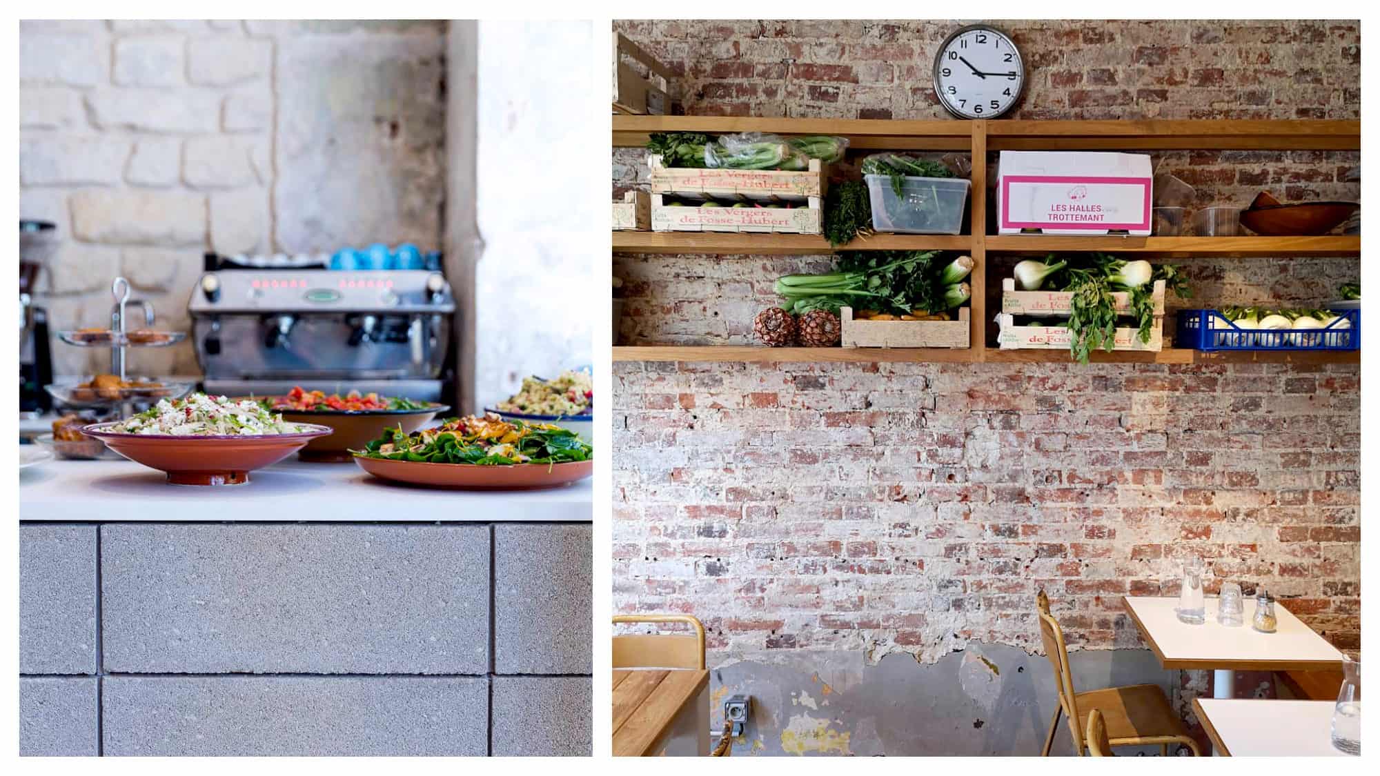 Big bowls of salads on the counter of IMA, a veggie café in Paris (left) and its exposed-brick interiors lined with crates of fresh produce on wooden shelves (right).