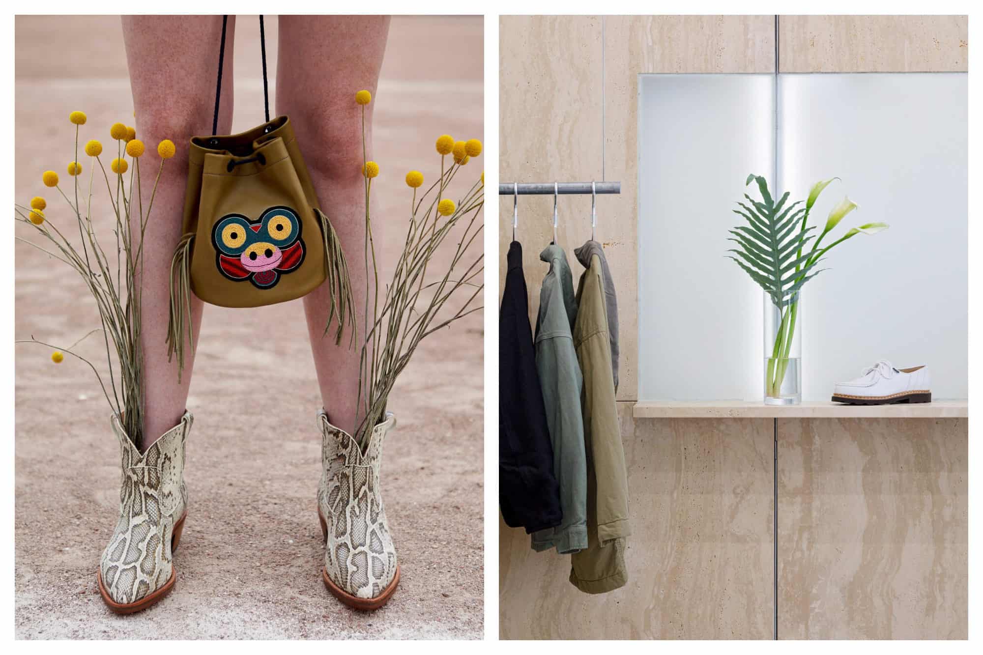 The legs of a woman wearing snaskin boots with dried yellow flowers planted inside them, carrying a bag between her knees (left) by Macon & Lesquoy on the Canal Saint Martin in Paris. A selection of jackets and shoes arranged inside the pared-down The Next Door store (right).