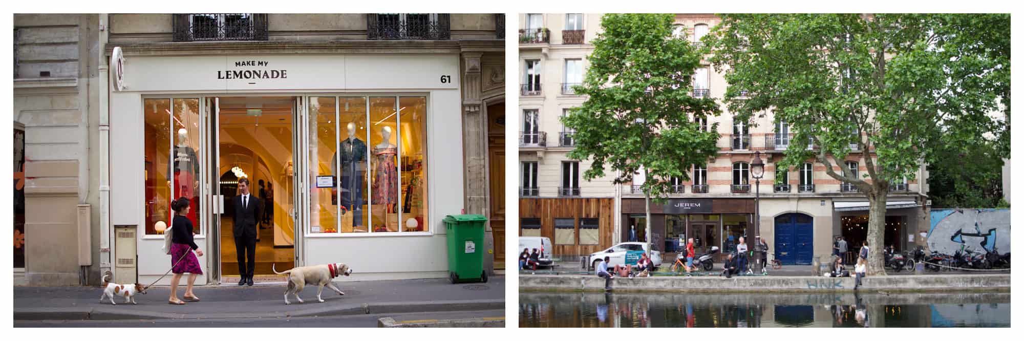 Outside Make My Lemonde clothing store on  the Canal Saint Martin (left). A view of the canal in Paris (right).