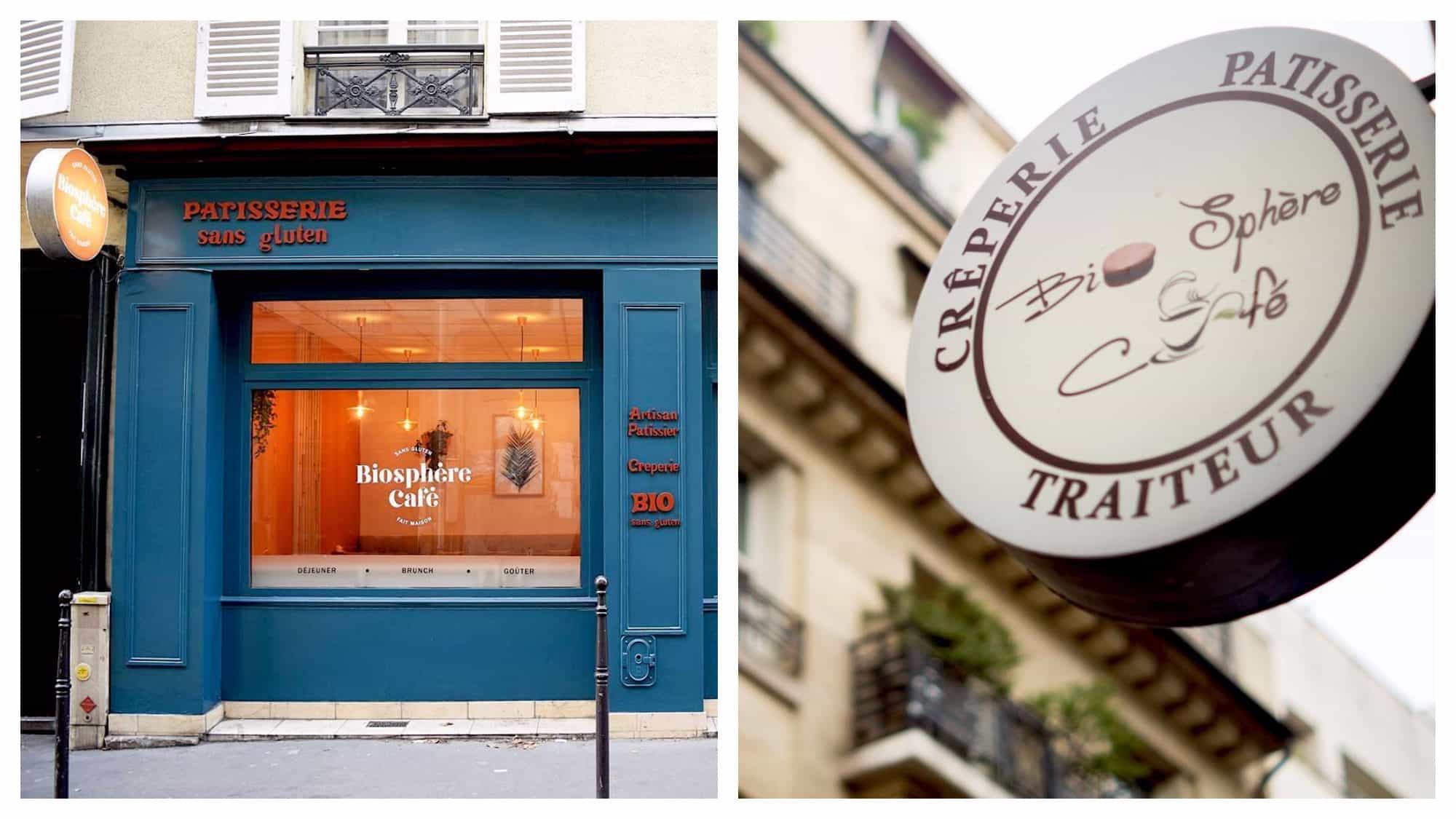 The blue exterior of the gluten-free patisserie in Paris, Biosphere (left) and the sign for gluten-free crepes also at Biosphere (right).