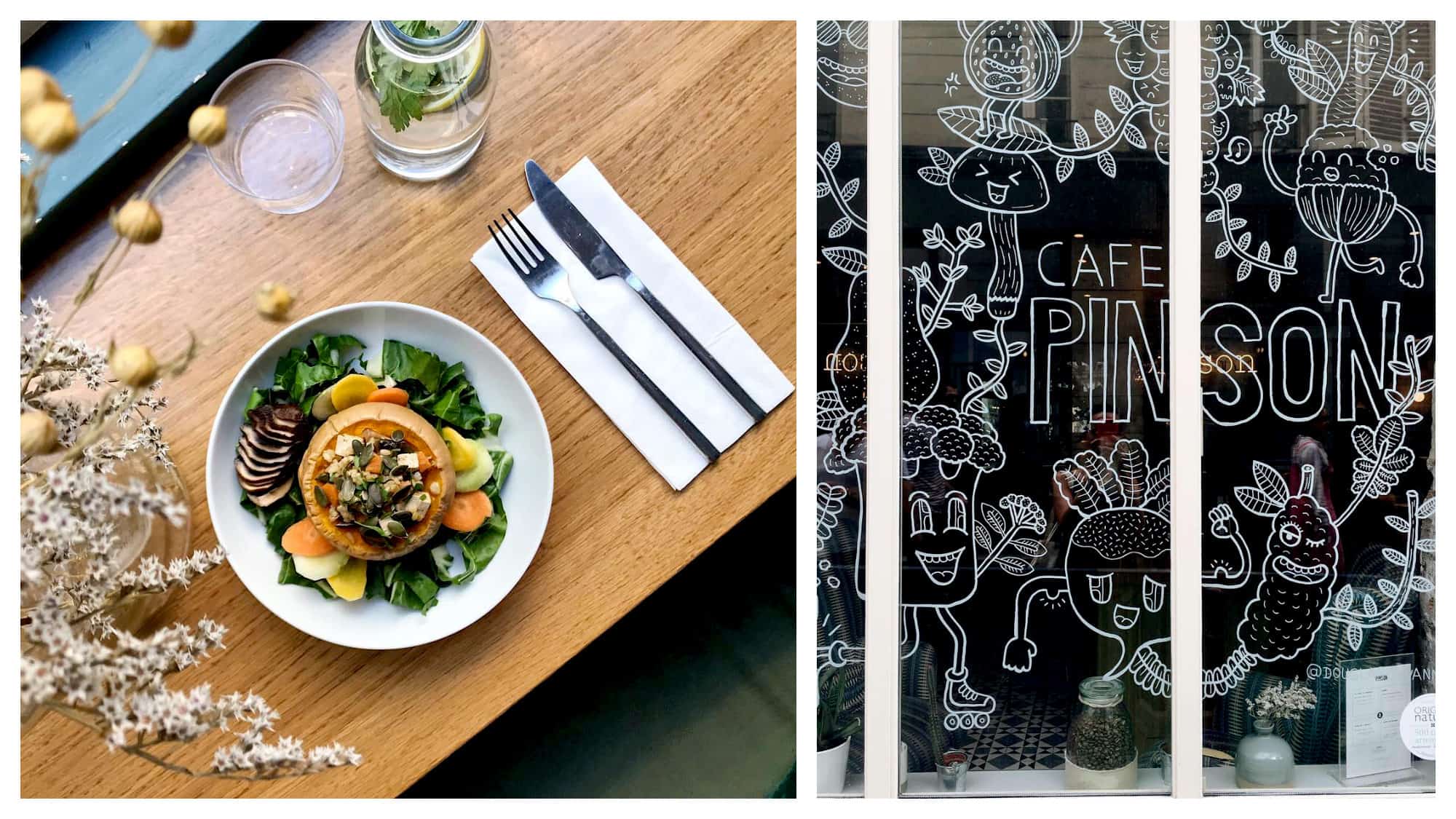 A beautifully presented pumpkin salad with green leaves set down on a wooden table at Café Pinson in Paris (left) and the white cartoon drawings on the café's window (right).