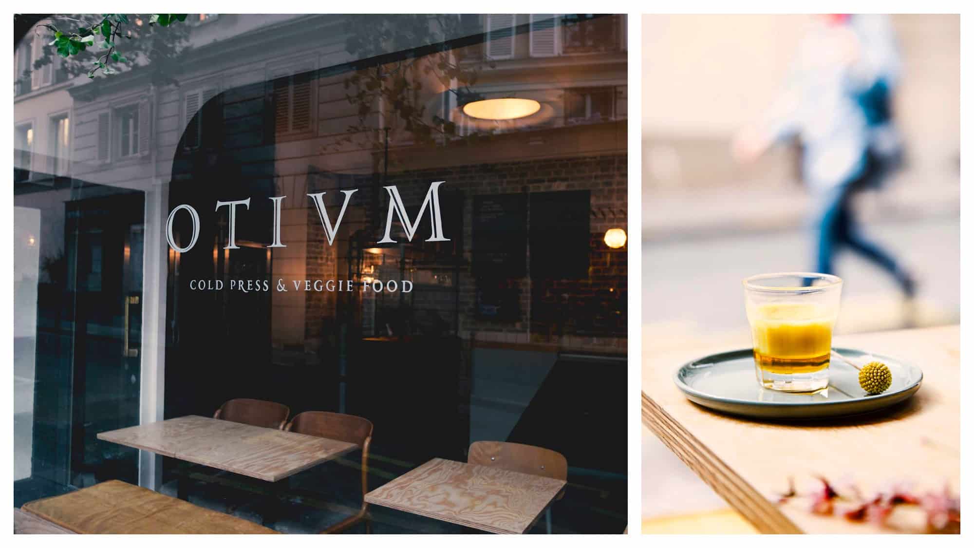 The window at Otium café (left) which specializes in cold-pressed juices (right).