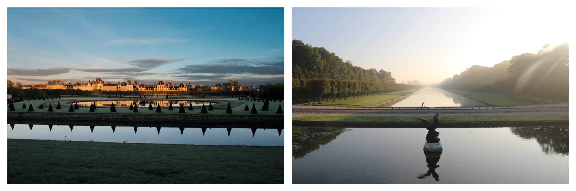 Château de Fontainebleau at sunset with the reflection of the manicured trees in the water (left). The fountain at Château de Fontainebleau in the daytime (right).