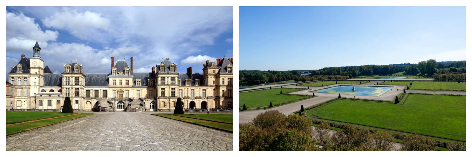 The Chateau de Fontainbleau with its creamy stone and grey roof (left) and its park with numerous water features (right).