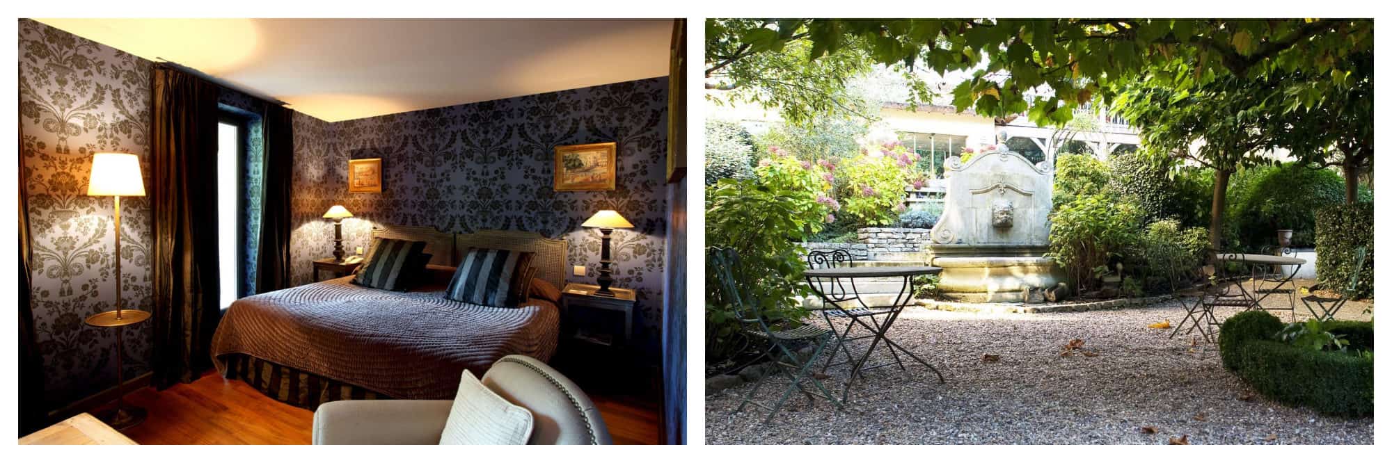 A room at Les Etangs de Corot Hotel with dark printed wallpaper a double bed (left), and the gardens (right).