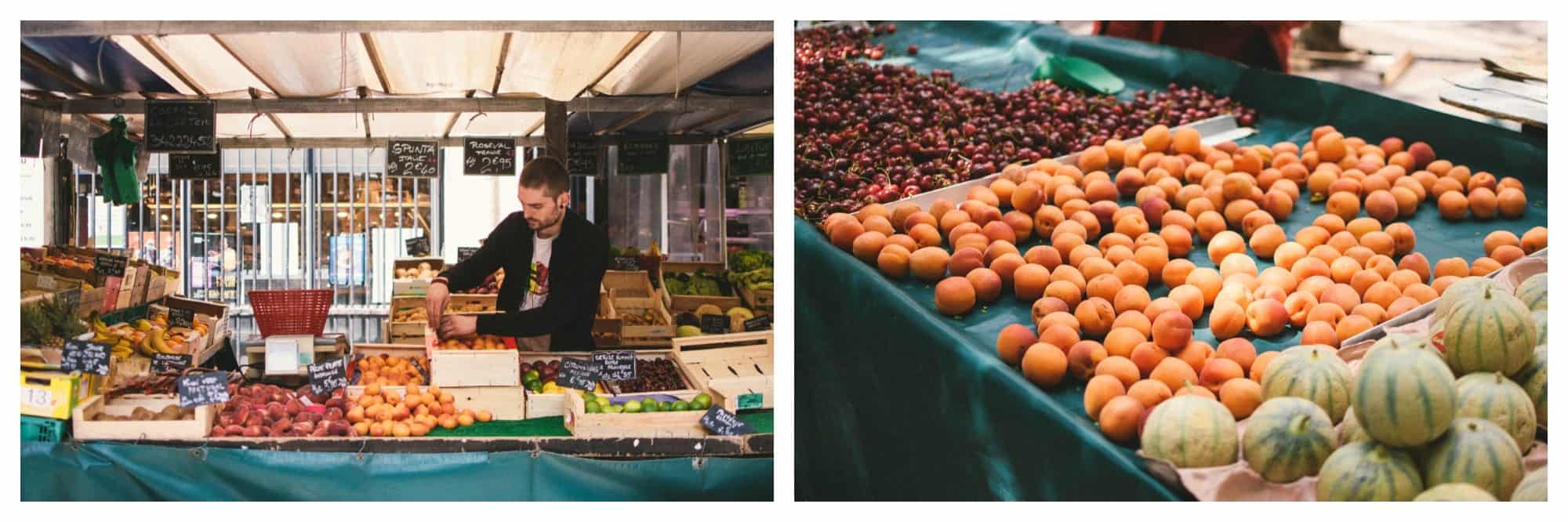 A stall vendor sorting out the crates of fruit on his stall at the Bastille market in Paris (left). A stall selling summer fruit like cherries, apricots and melon  (right).