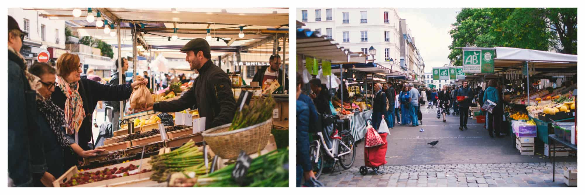 A vegetable stall at the Bastille market in Paris (left). The stalls at the Bastille fruit and vegetable market (right).