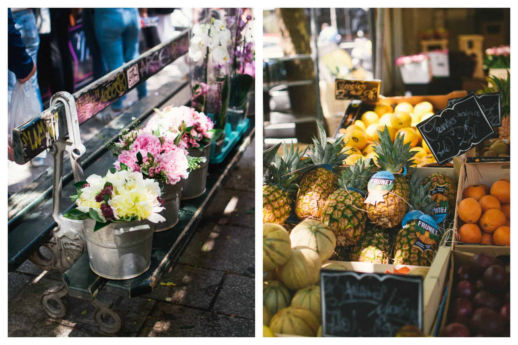 Paris neighborhood markets sell everything from flowers like these beautiful bouquets lined up on a bench  (left) to exotic fruit like pineapples (right). 