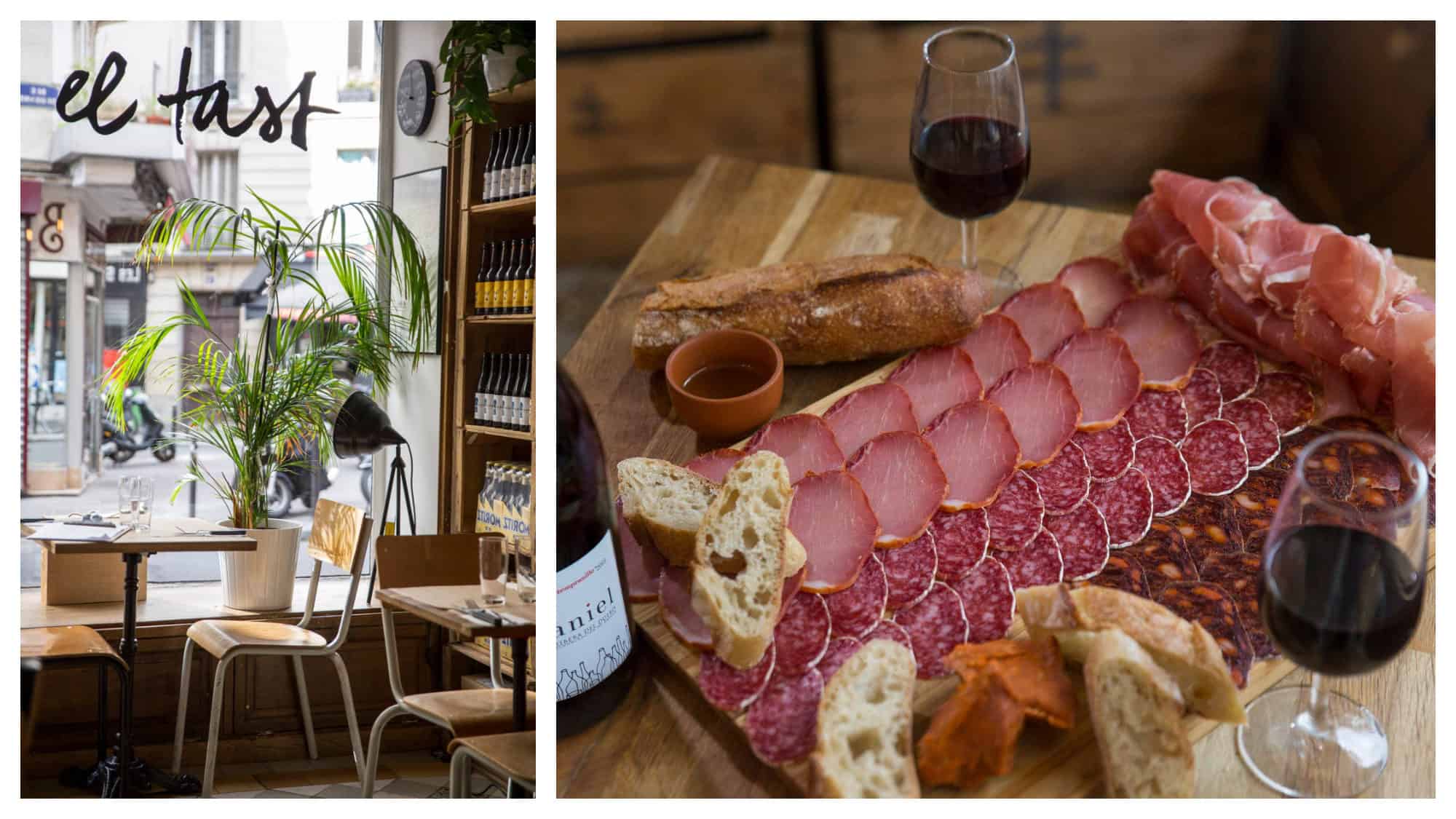 The wooden tables and chairs at El Tast restaurant in Paris (left) and a ham board with crusty baguette and red wine at El Tast (right).