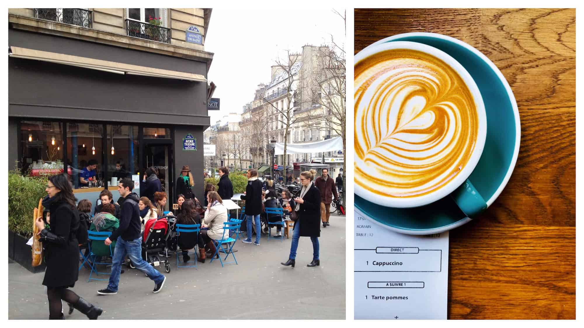The terrace (left) and latté with creamy swirls in a blue cup on a wooden table (right) at KB Coffee Shop in Paris.