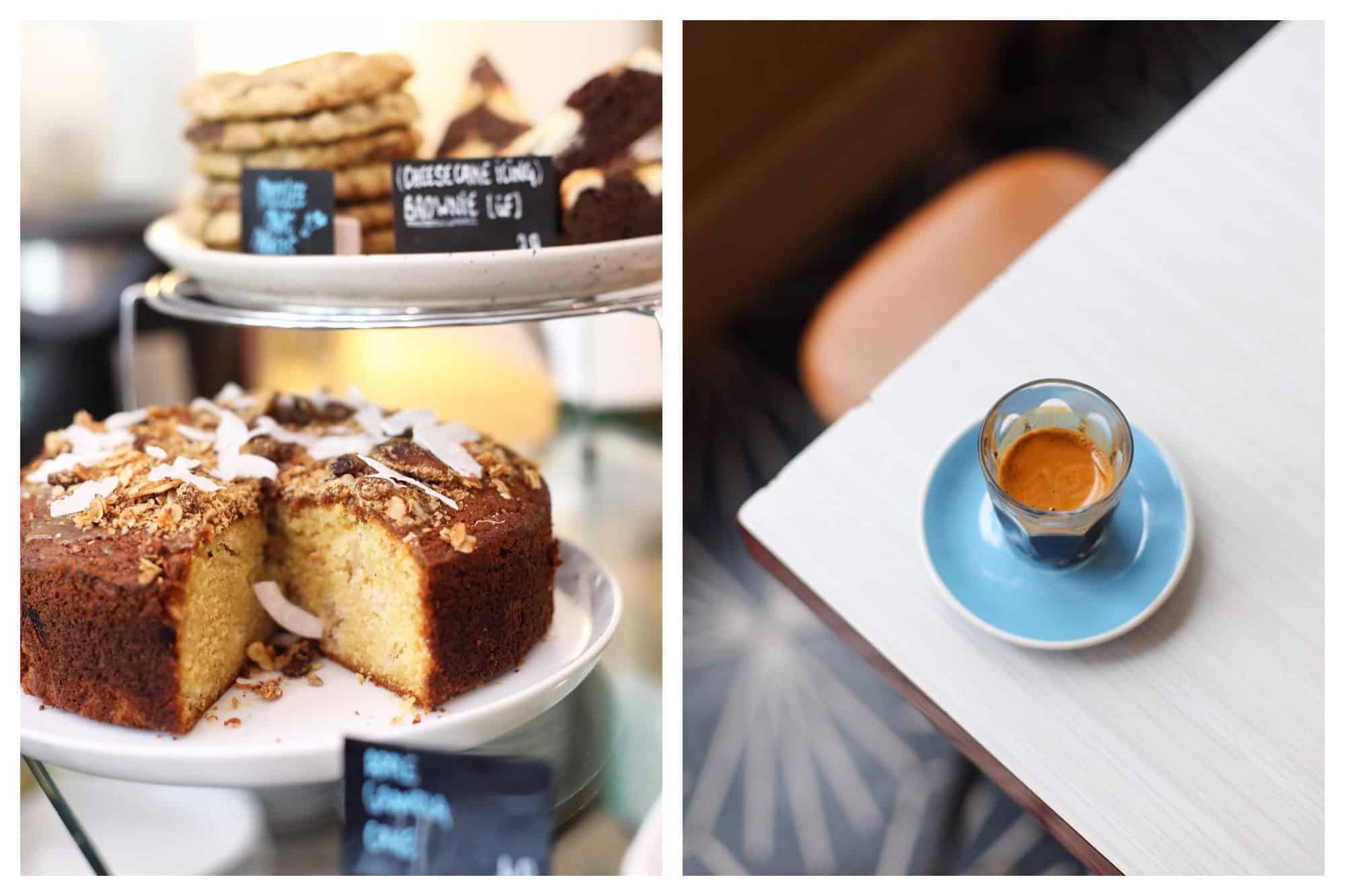 A spongy cake and cookies (left) and espresso coffee on a blue saucer set on a table (right) at Neighbours coffee shop in Paris.