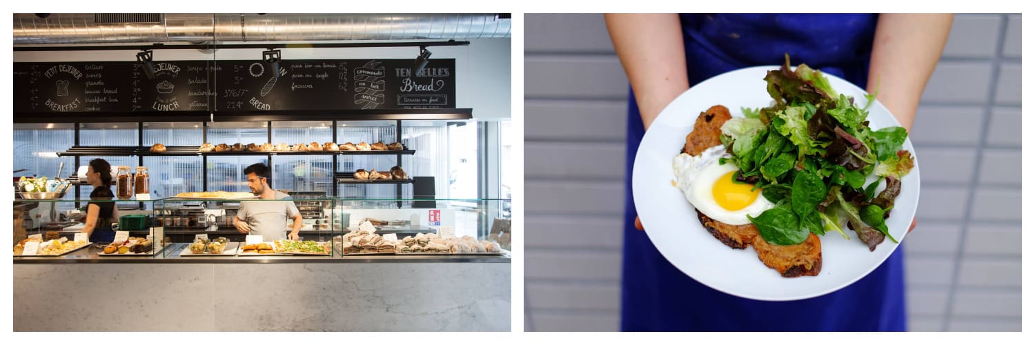 The counter at Ten Belles bakery in Bastille (left) where you can also sit down for lunch of eggs and salad (right).