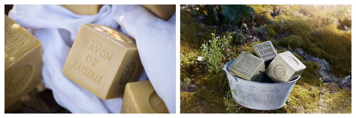 Large square Savon de Marseille soap (left). Three large squares of Savon de Marseille in a metal bucket lying in a meadow (right).