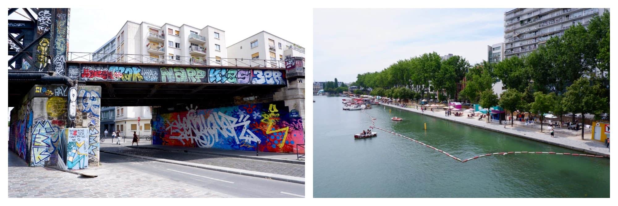 The colorful graffiti along the canals up in the 19th arrondissement of Paris along the canal (left) and the canal lined by a makeshift beach (right).