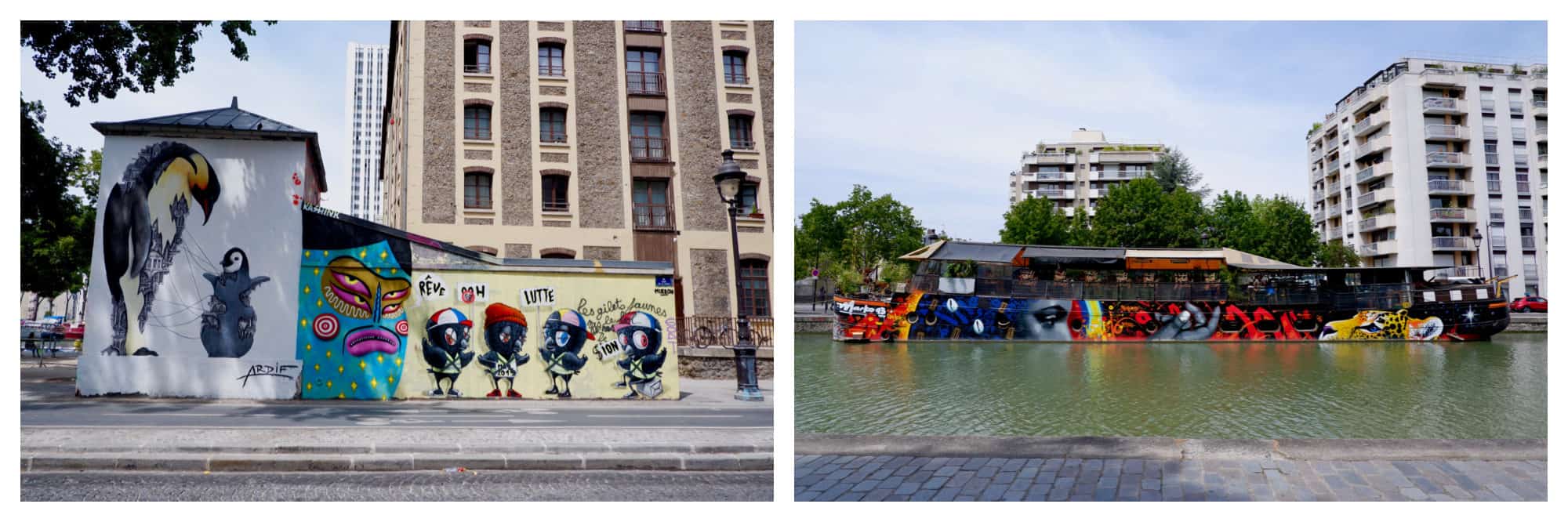 The bold and colorful street art along the canal (left) even extends to the barges (right), creates a unique ambiance.
