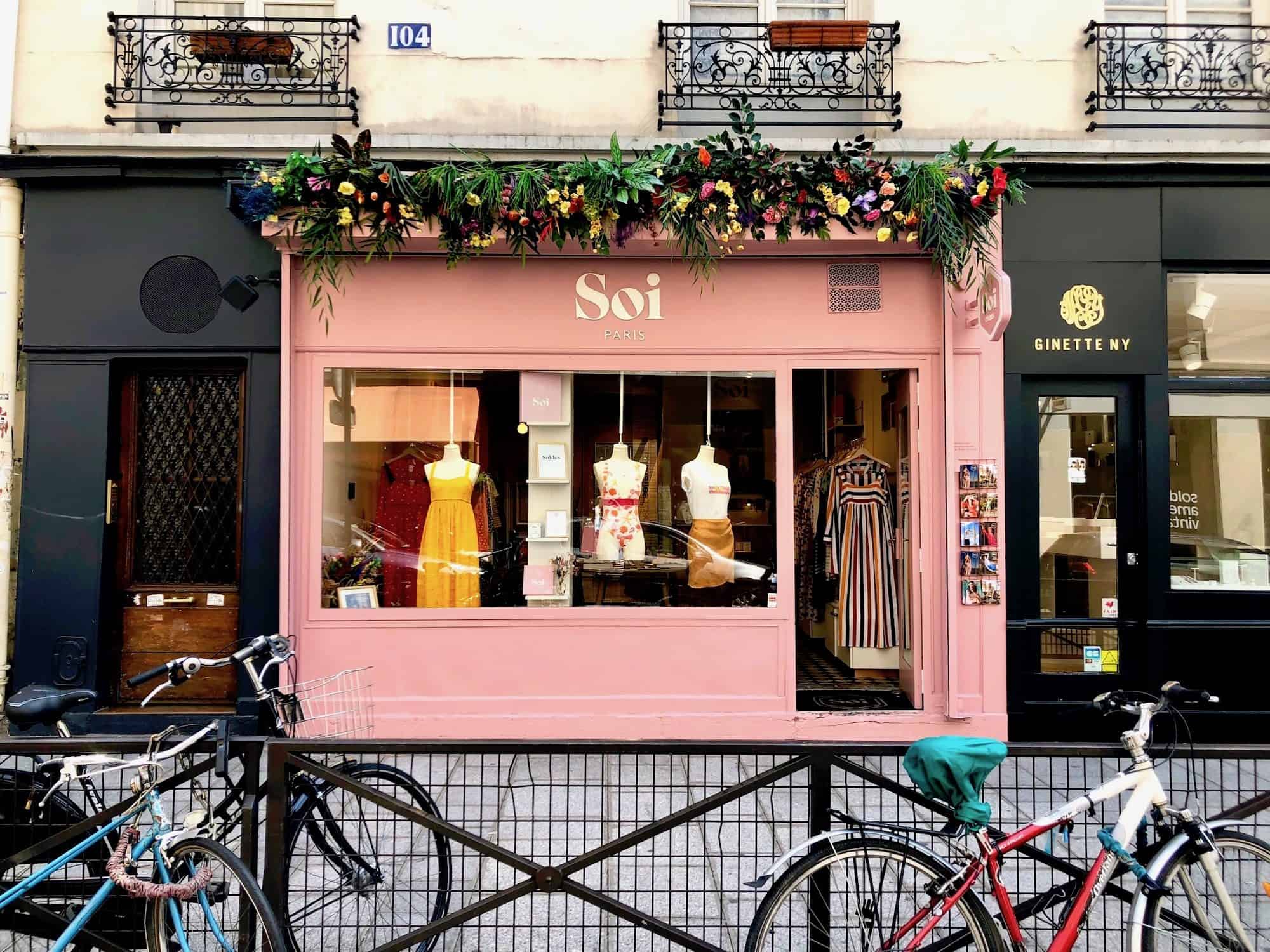 The pink store front of French fashion brand we love, Soi, in Paris.
