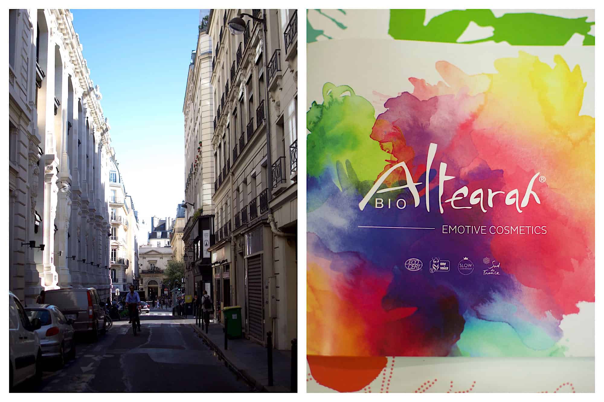 A view of a Paris street (left). The colorful label of Altearah Bio perfume (right).