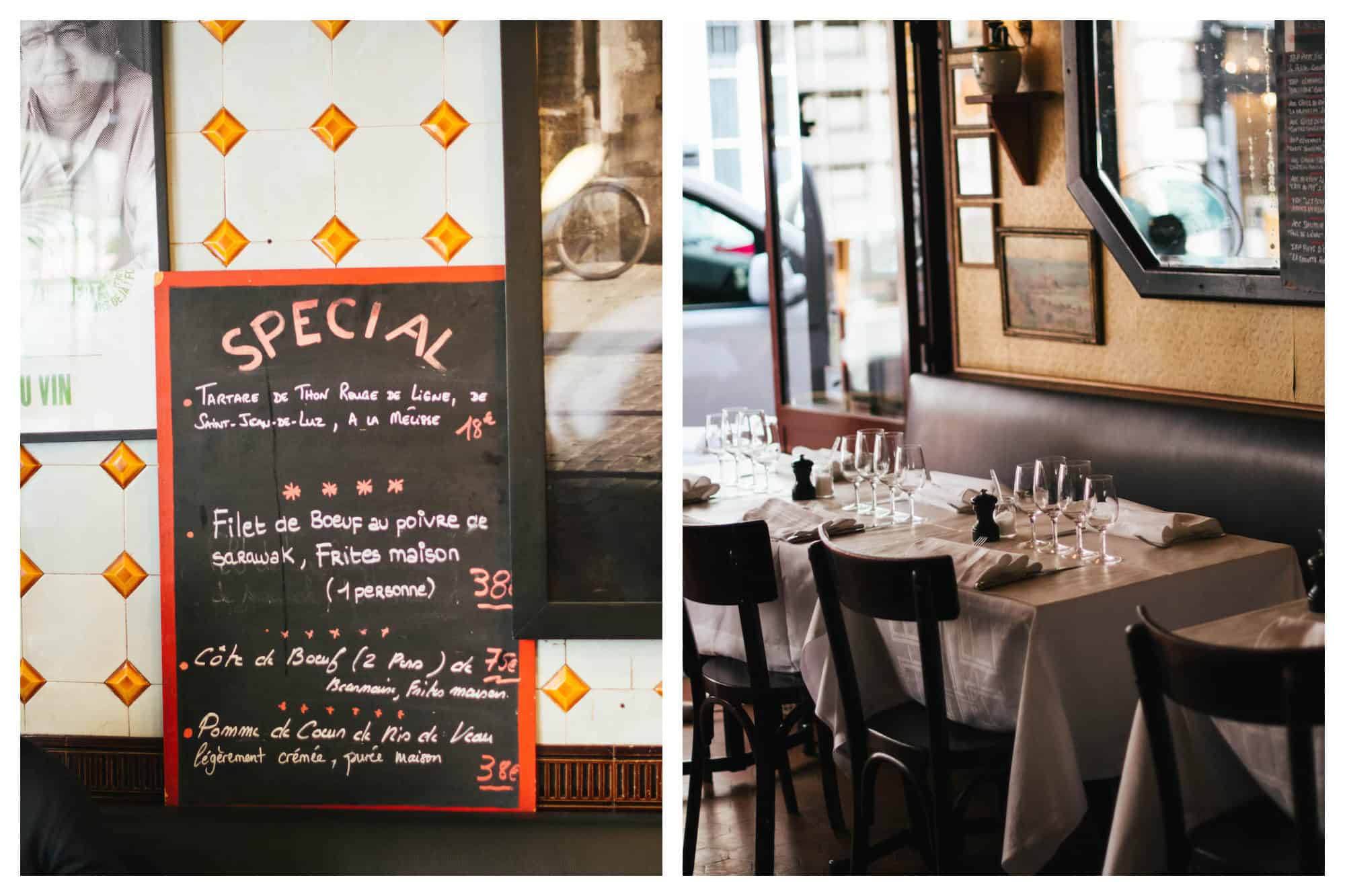 A specals' board outside the Bistrot Paul Bert in Paris (left). The leather banquettes and tables at the Bistrot Paul Bert with white tablecloths in Paris' 11th neighborhood (right).