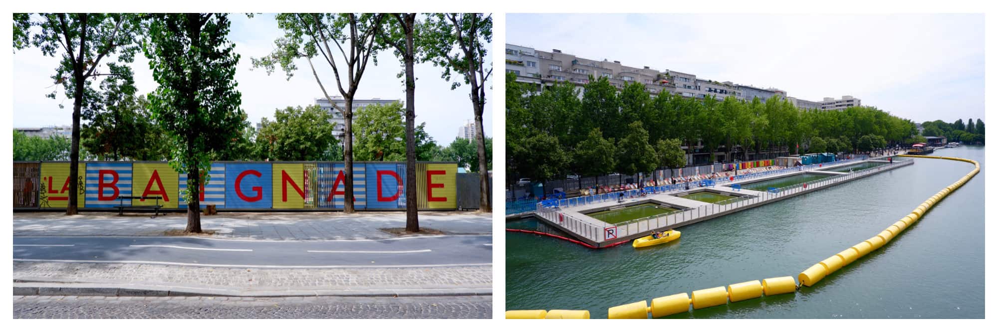 The words 'La Baignade' (bathing area) painted on the fence of Paris Plages on the Canal de l'Ourcq (left) and the canal pools where people can swim in summer (right).