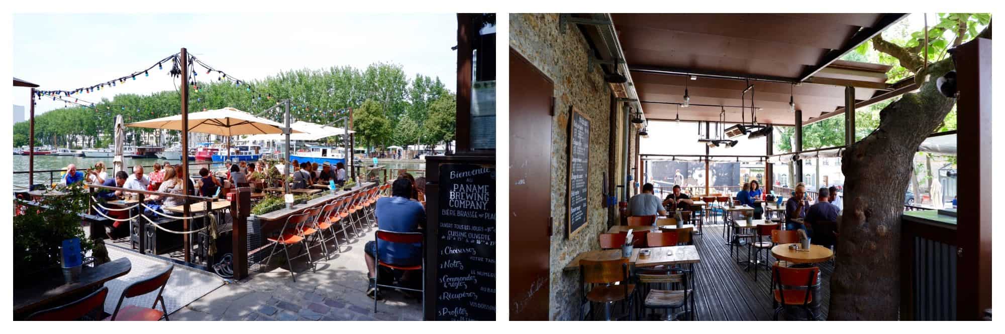 The terrace right on the water at the Paname Brewing Company in Paris (left) and the bar's covered terrace with canal views (right).