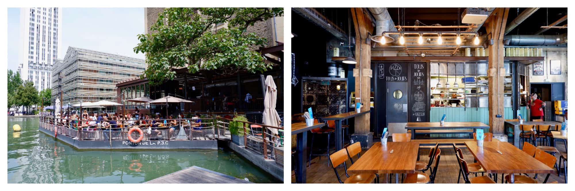 The terrace reaching out across the water of the Canal de l'Ourcq at the Paname Brewing Company in Paris on a sunny summer's day (left). The industrial interiors of Paris Brewing Company on the Canal de l'Ourcq (right).