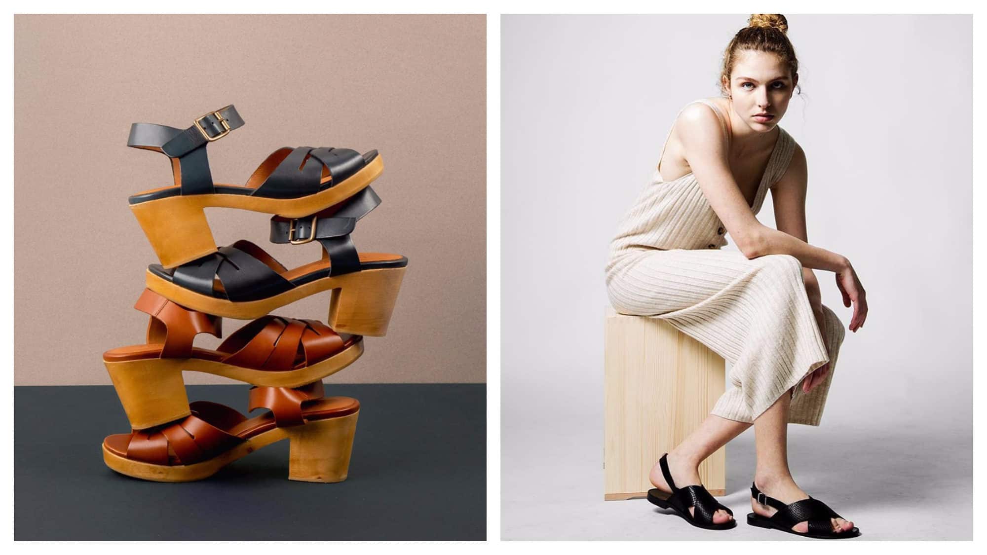 Anthology Paris leather sandals stack up against a grey and taupe background (left) and a flat version worn by a model sitting on a wooden stool (right).