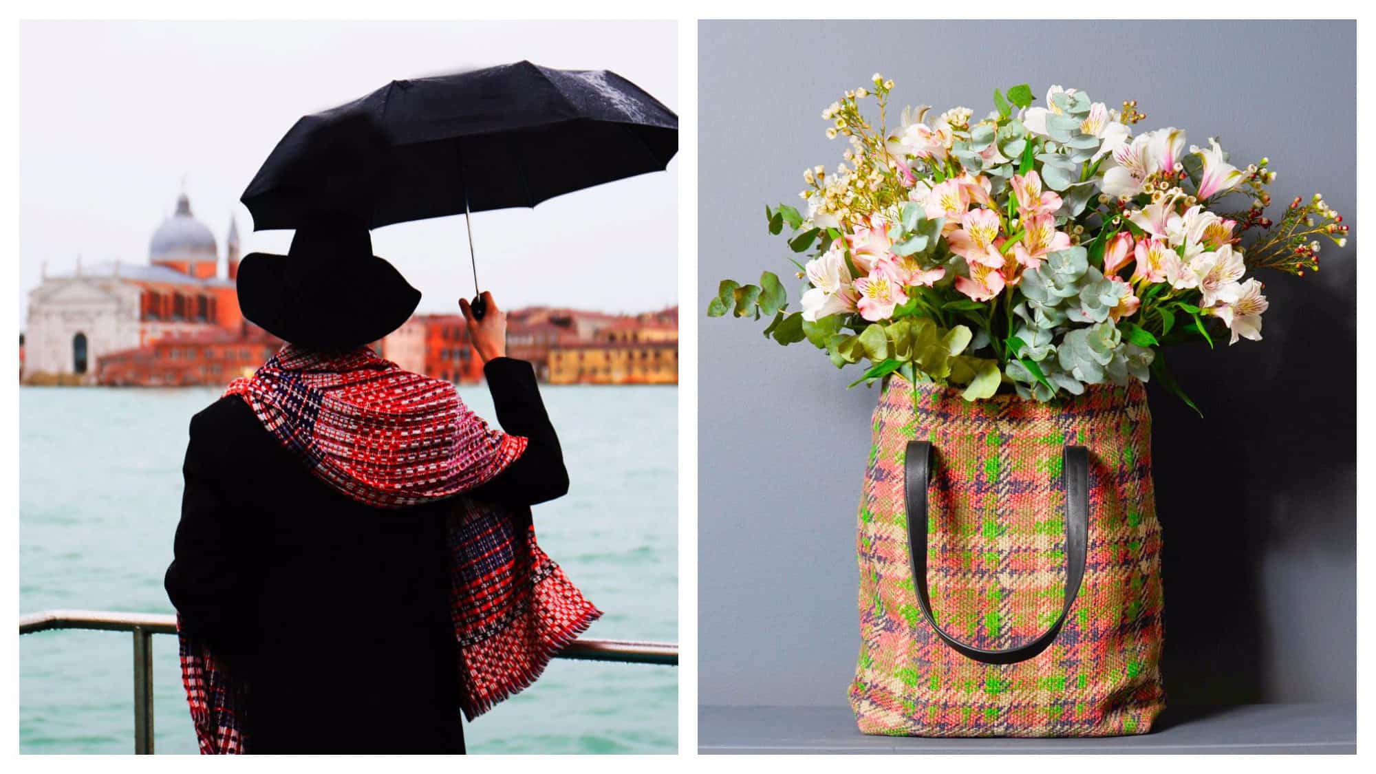 Accessories by French brand EPICE like a colorful red scarf worn by a woman in black standing on the canals of Venice (left) and tartan handbag with a bun of flowers inside it (right).