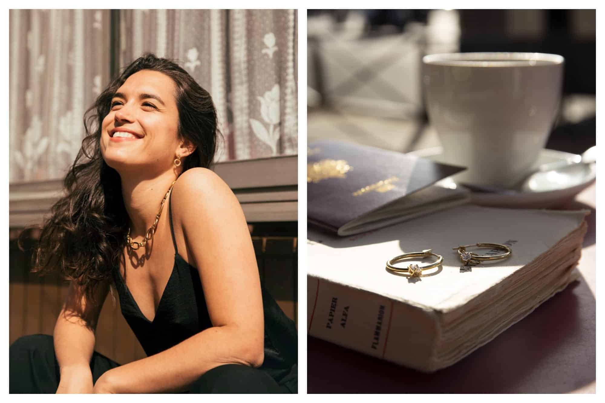 A girl smiling in the sunshine, wearing a gold chain Louise Damas necklace (left). Two gold rings resting on a book with a passport and a cup of coffee in the background (right).