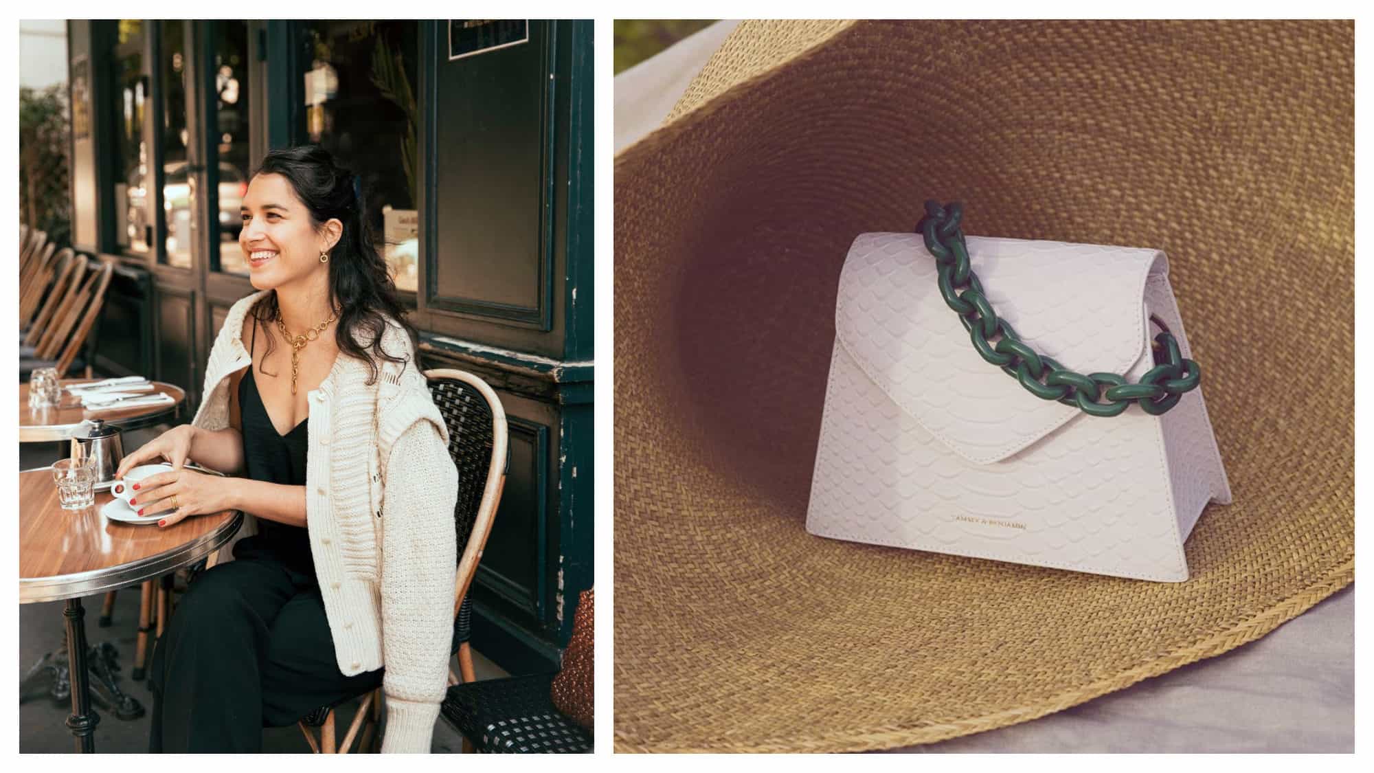 Jewelry by Louise Damas (worn by a model at a Parisian café (left) and a pink and green Tammy and Benjamin handbag (right).