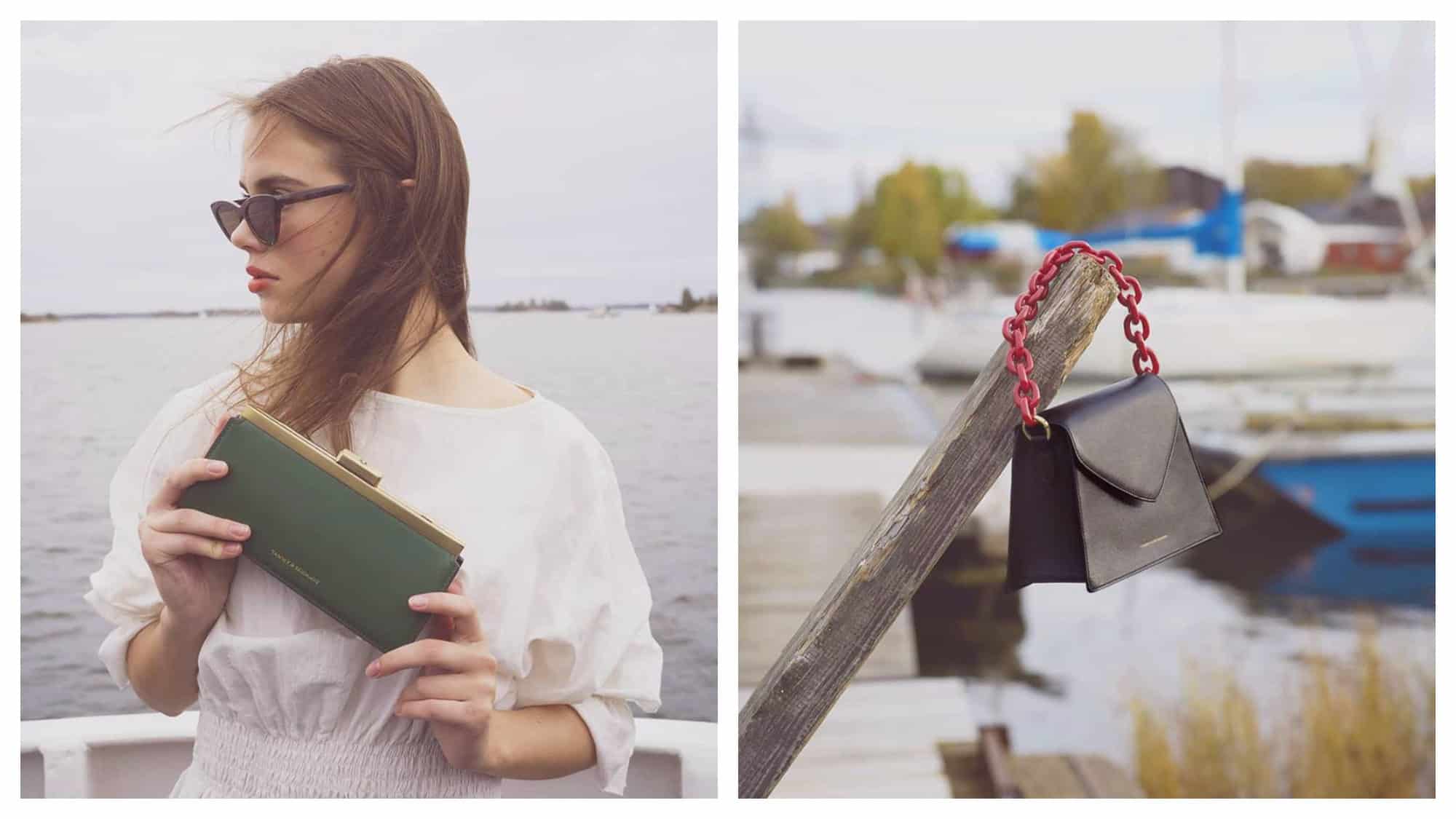 A sea green clutch purse held by a model wearing a white dress at the seaside (left) and a black handbag with a red chain hooked on a piece of timber at a port (right), both by Tammy and Benjamin.
