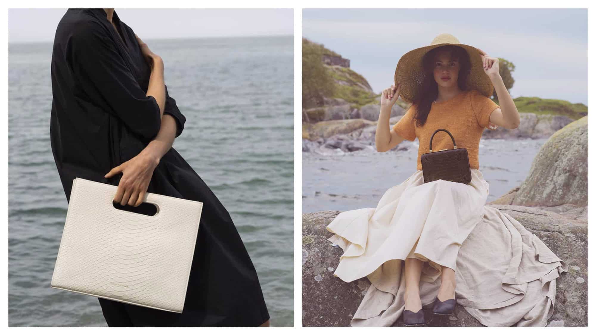 White embossed leather bag held by a model dressed in a black kaftan (left) and a brown handbag sat on a model's knee (right), both by Tammy and Benjamin.