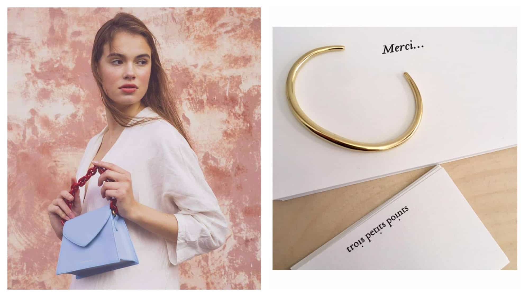 A Tammy and Benjamin powder-blue bag with red chain being held by a model against a terracotta background (left). A gold bracelet on a piece of white paper that reads 'Merci' by Trois Petits Points (right).