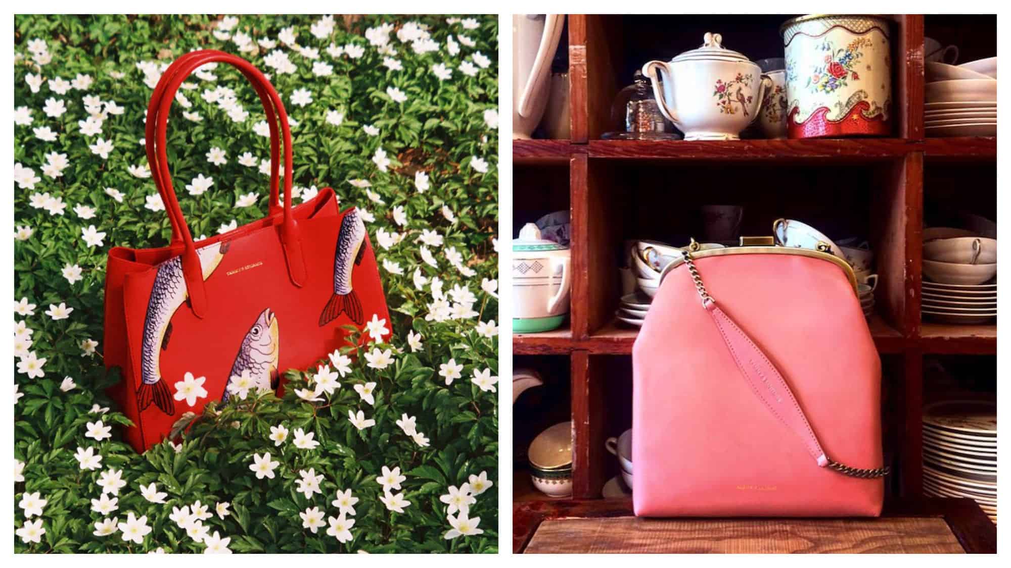 A red Tammy and Benjamin handbag with fish painted on it (left) and a coral chain purse (right) are among our favorite Paris fashion accessories.