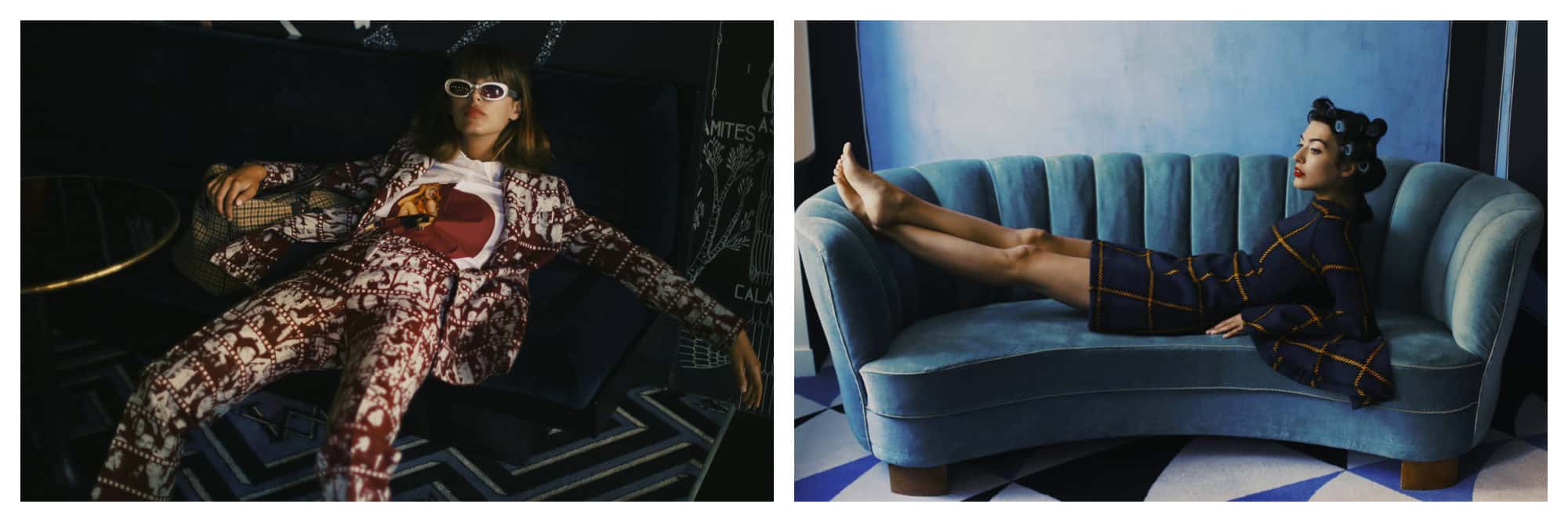 A young woman wearing a retro African-print dark red and white trouser and jacket outfit with a vintage t-shirt and retro white sunglasses (left). A woman with blue curlers in her hair lies on a blue fluted velvet couch with her feet up and she wears a short navy dress (right). Both outfits are from French fashion brand JOUR/NE.