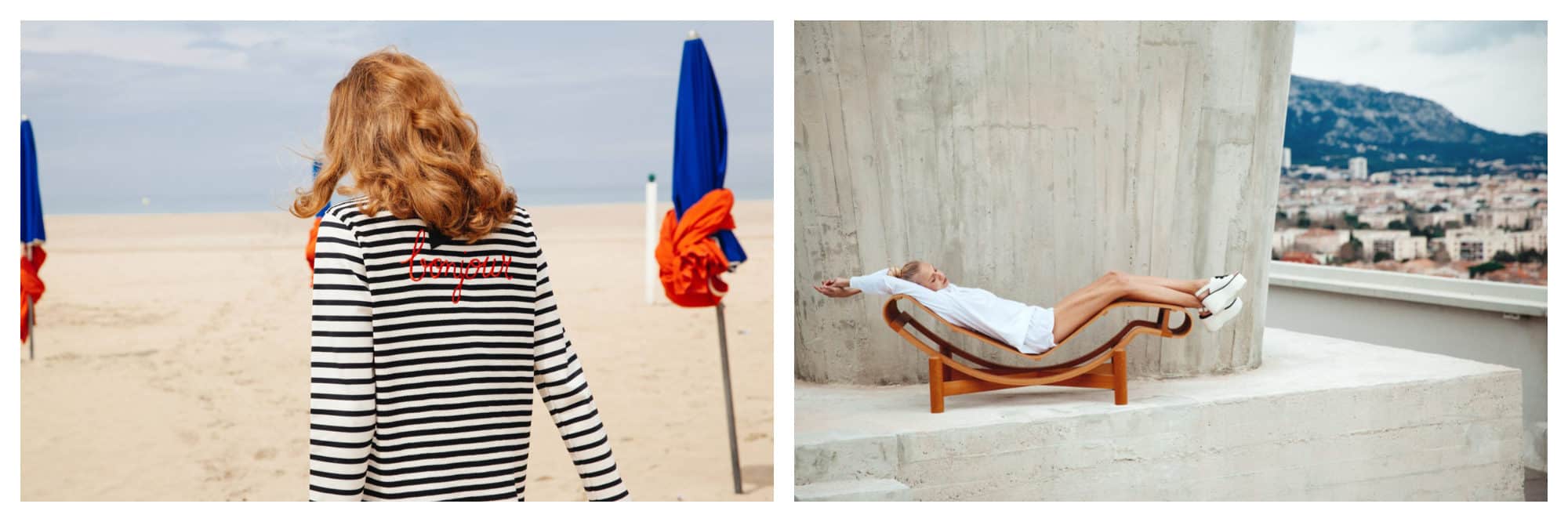 A stripy 'Bonjour' long-sleeved t-shirt worn by a woman walking on Deauville beach (left). A woman wearing a white outfit and platform shoes stretched out on a curved lounger close to a concrete structure with a town in the background (right), both from French fashion brand JOUR/NE.