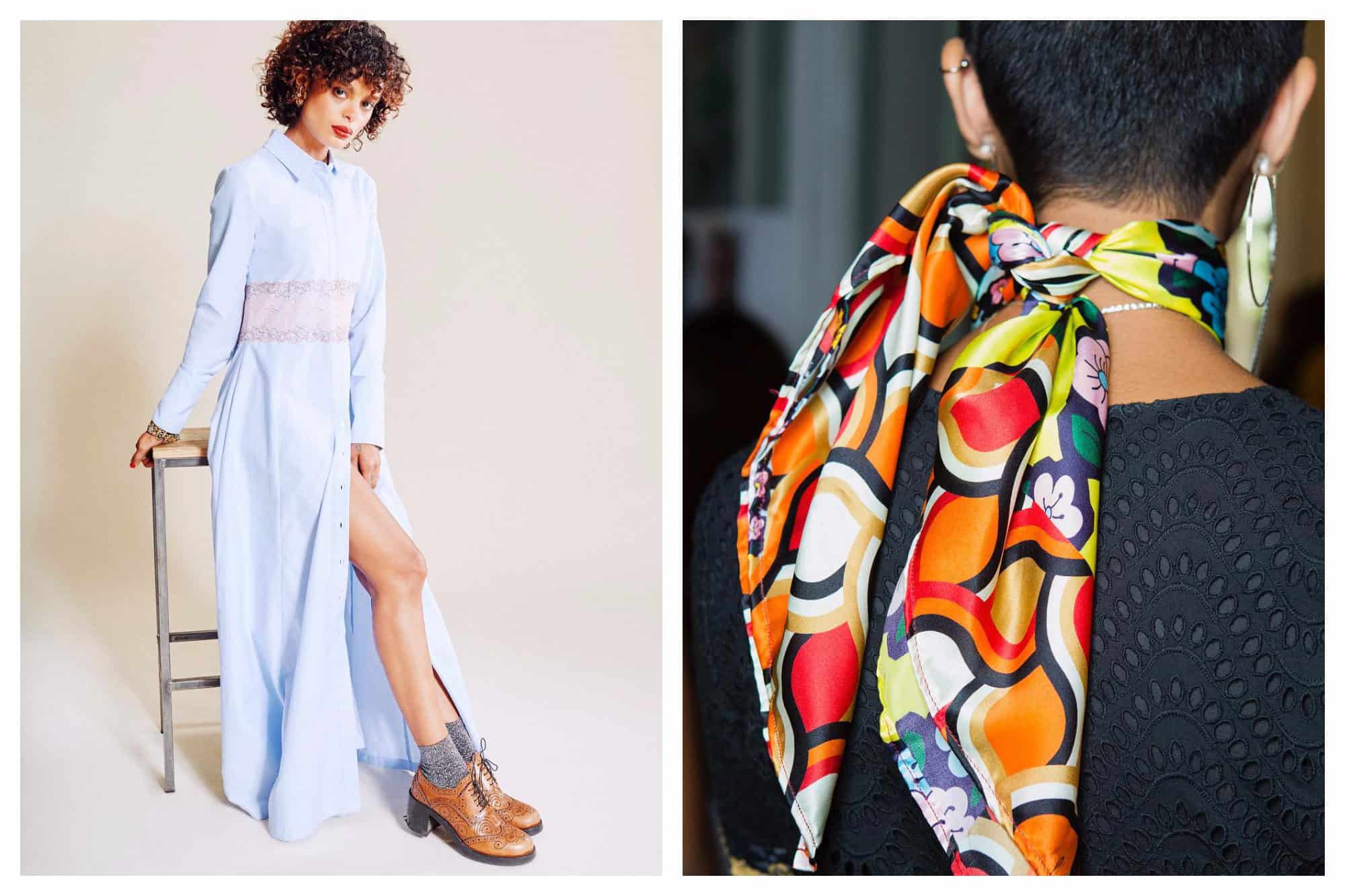 A summer shirt-dress outfit (left). A woman with short hair from the back, wearing a colorful orange-patterned silk scarf (right) by French fashion brand JOUR/NE.