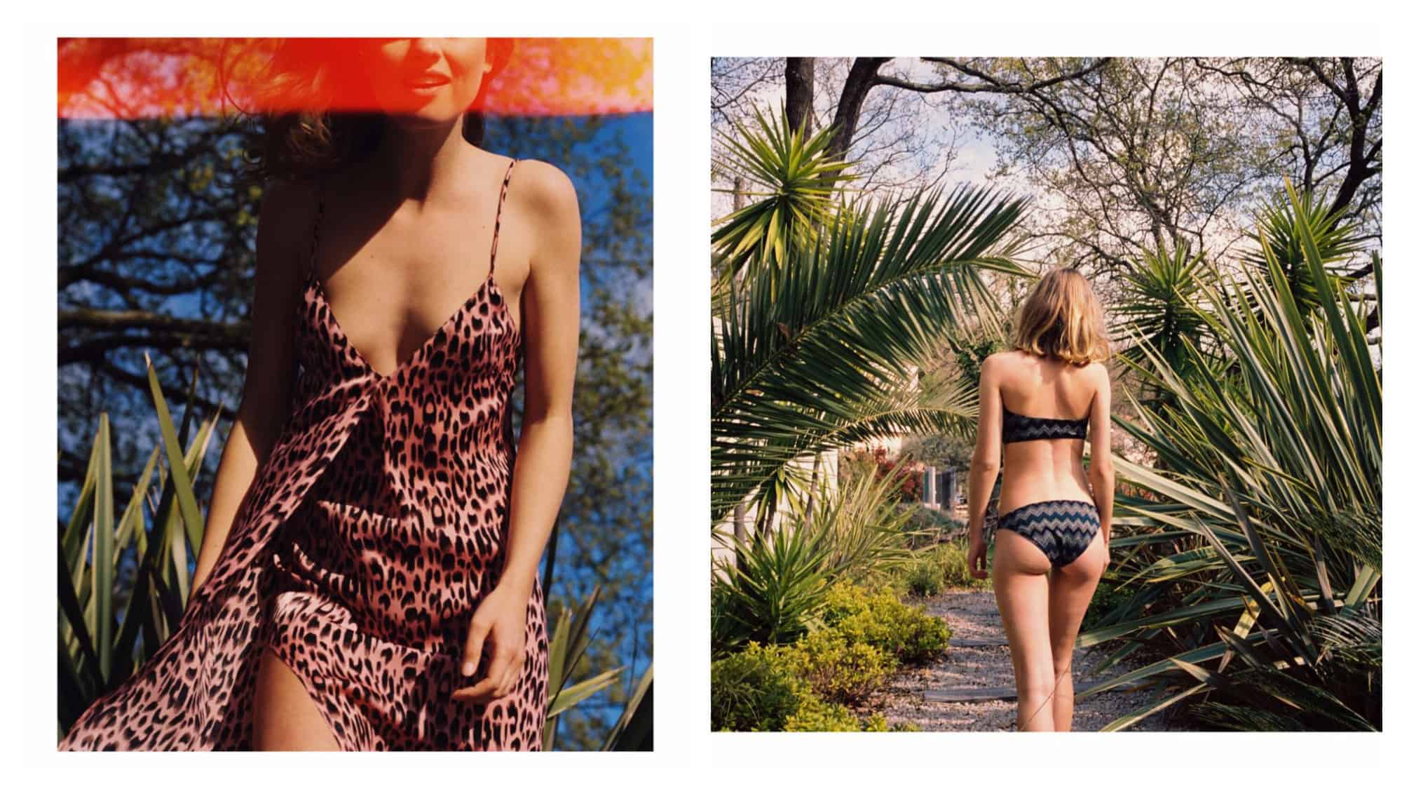 A woman walking through a tropical garden and wearing a pink and black leopard print long vest top and matching short shorts (left). A woman seen from the back as she strolls an exotic garden wearing a bikini by French fashion brand NOO (right).